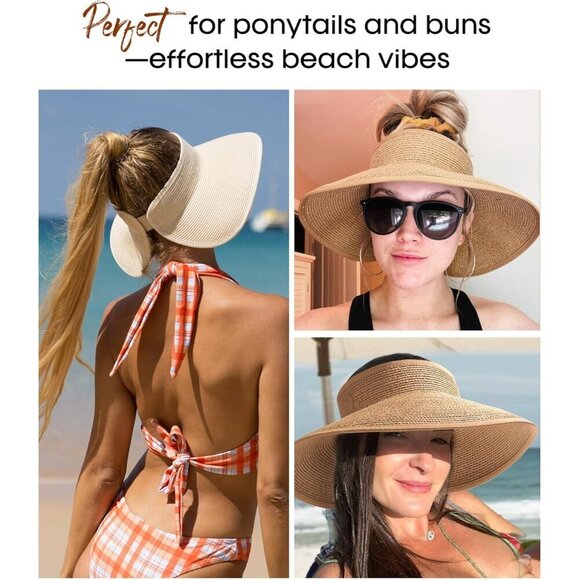 Women’s Straw Sun Visor Hat Wide Brim Packable UV Protection Vacation Beach main image 4